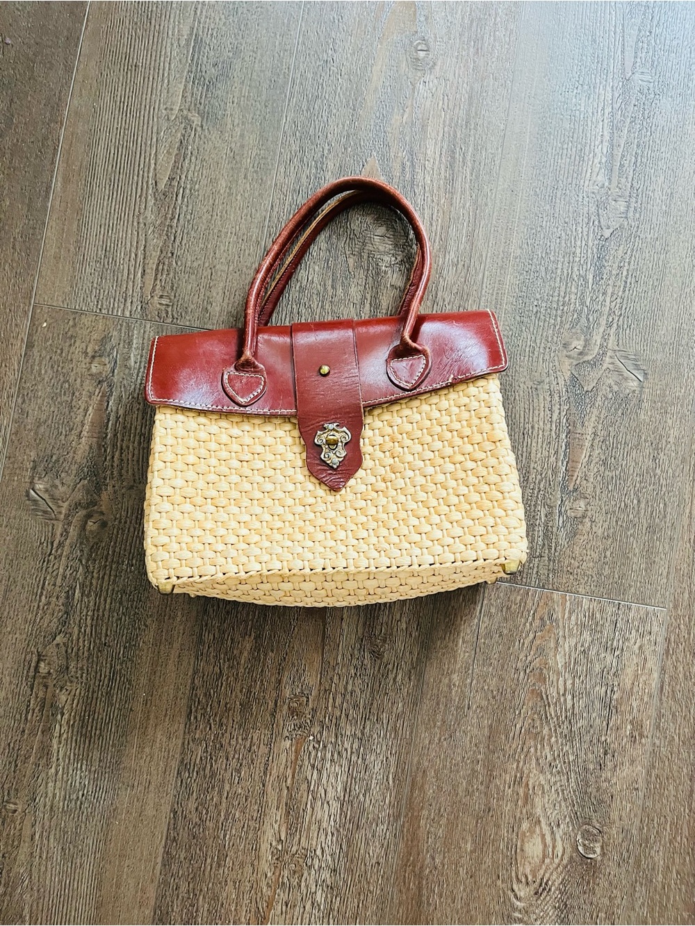Brown Leather & Natural Woven Tote Handbag 10/13 Inches - Picture 5 of 10